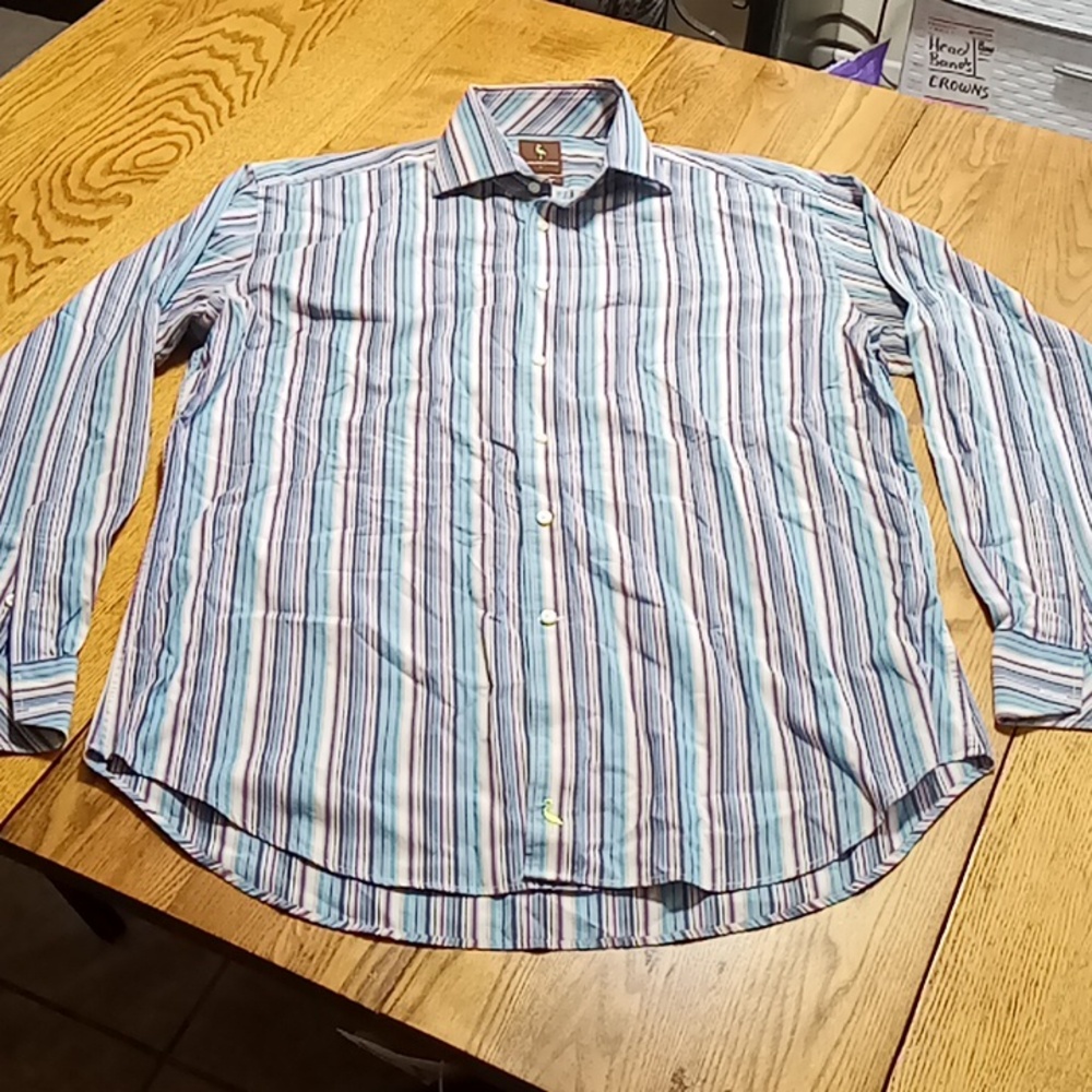 TAILORBYRD Mens LARGE Dress Shirt Preowned Used Blue Striped Long Sleeve Casual